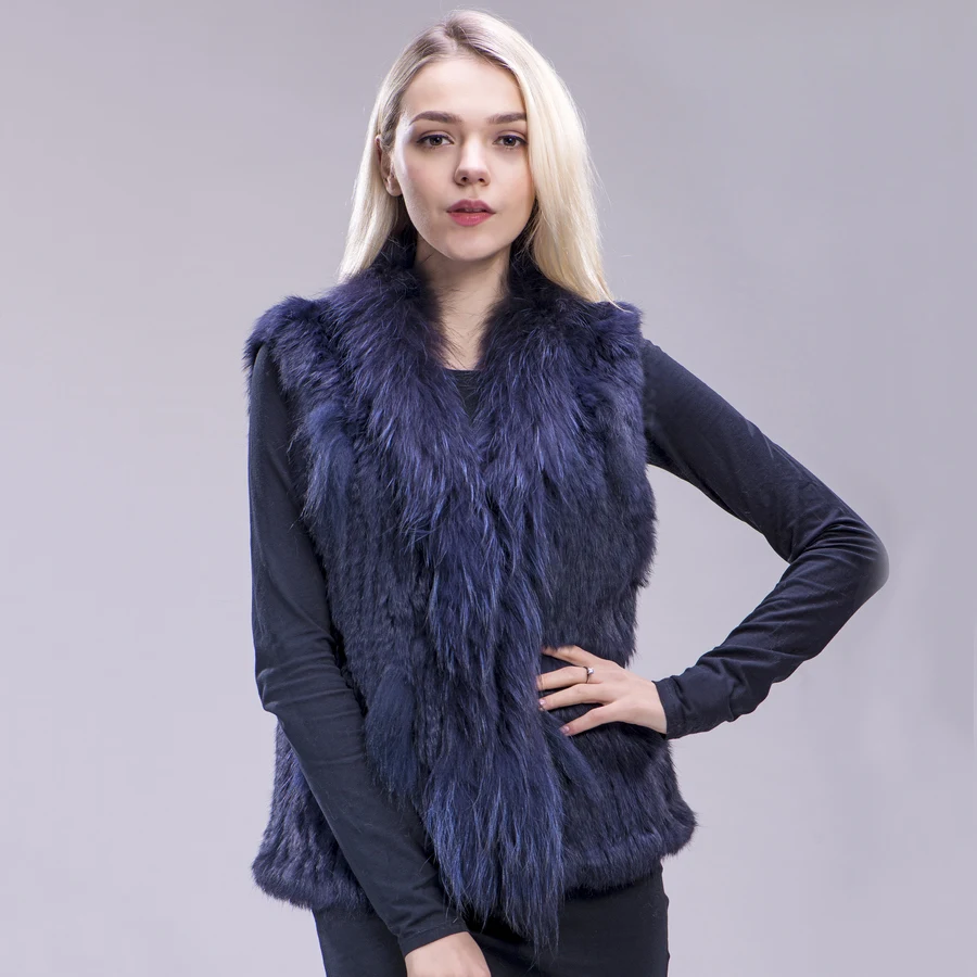 

FXFURS Free shipping womens natural real rabbit fur vest with raccoon fur collar waistcoat/jackets rabbit knitted winter