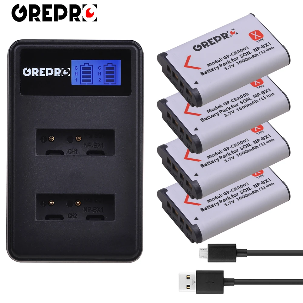 

GREPRO 4pcs NP-BX1 NP BX1 Camera Battery + LCD USB Charger for Sony DSC-RX100 WX500 WX300 IV RX10 II HX300 HDR-AS15 CX240E AS30V