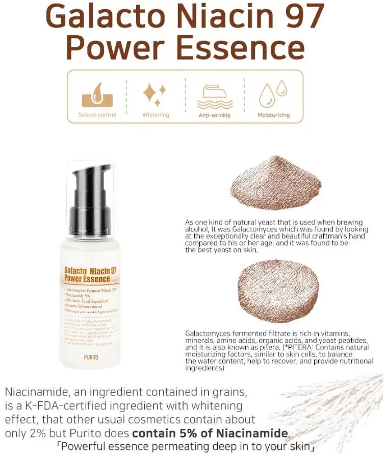 PURITO Galacto Niacin 97 power Essence 60 мл крем для лица Galactomyces 92%, Niacinamide 5% контроль кожного жира увлажняющее отбеливание