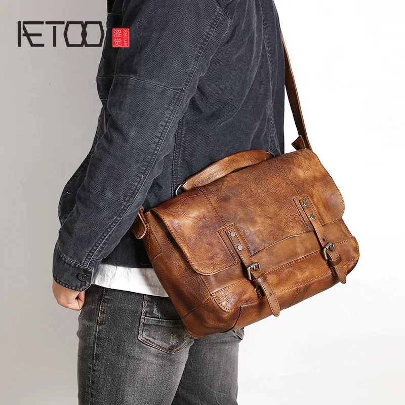  AETOO Handmade vintage tanning Leather single shoulder bag cowhide casual portable postman bag youn
