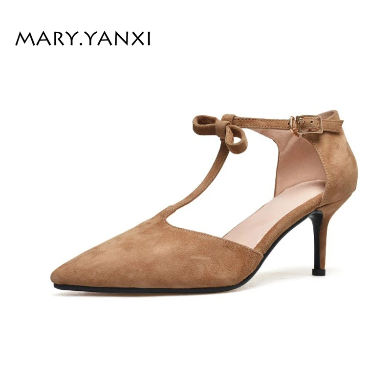 

Spring Women Pumps Mary Janes Shoes Genuine Leather Flock Thin High Heels Pointed Toe Fashion Butterfly-knot Casual Buckle Strap