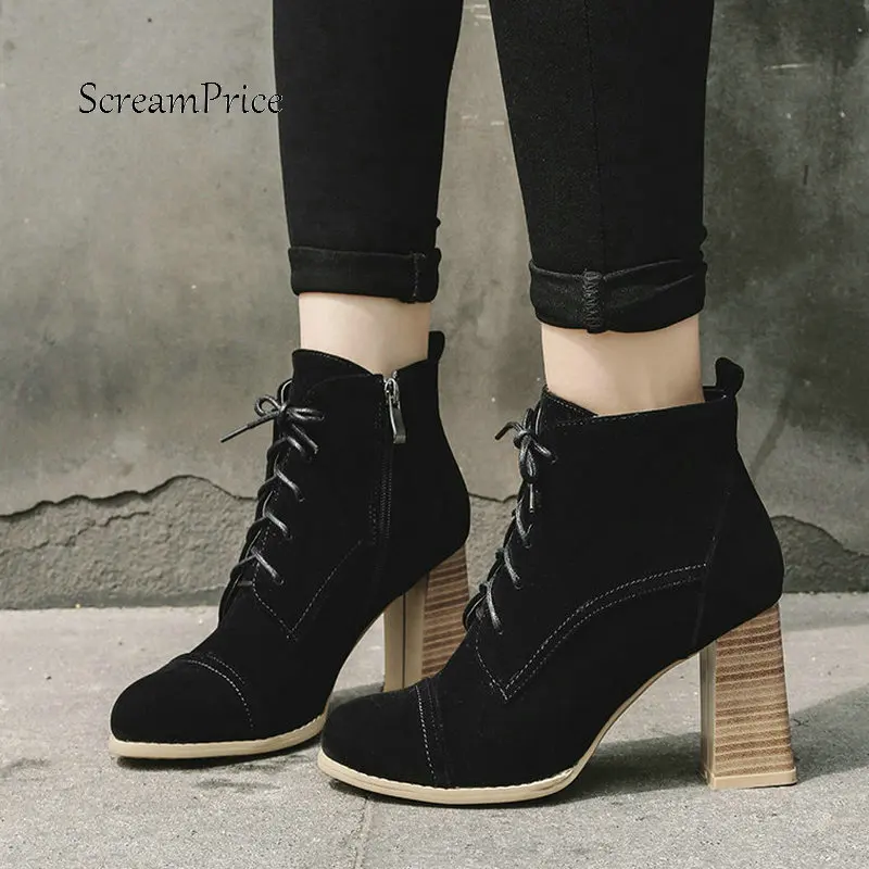 

Women Thick High Heel Lace Up Martin Ankle Boots Fashion Cross Tied Winter Shoes Black Gray Khaki