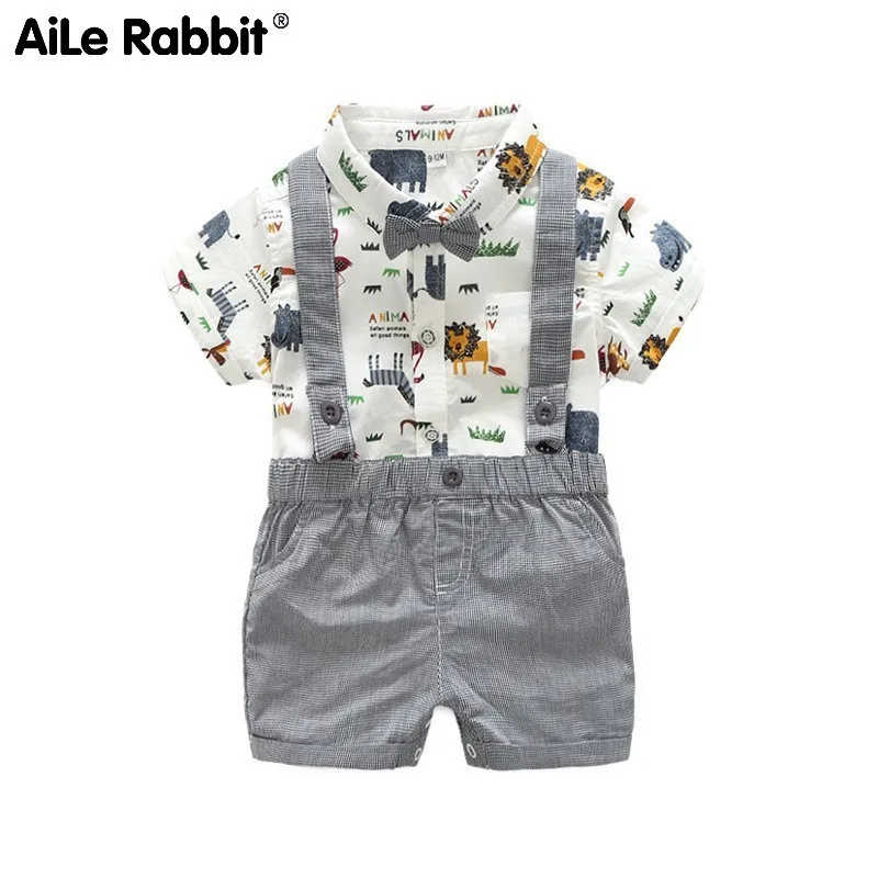 

AiLe Rabbit Male Children Twinset Cartoon Animal Short Sleeve Ha. Shirt + Leisure Time Straps Shorts Suit