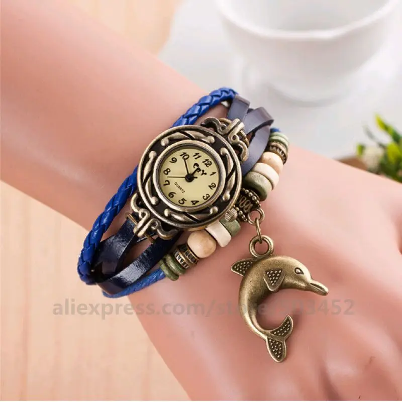 100 шт/партия подвеска с изображением дельфина часы винтажный браслет обертывание часы классический дизайн бронзовый цвет кожаные часы браслет подарок