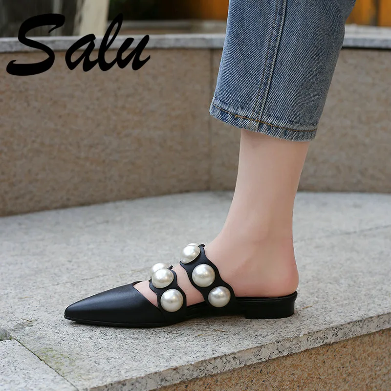 

Salu High Quality Genuine Leather Sandals Black Fashion Slip-on Flat Heels Solid New Shoes Comfortable Leisure Flat Sandals