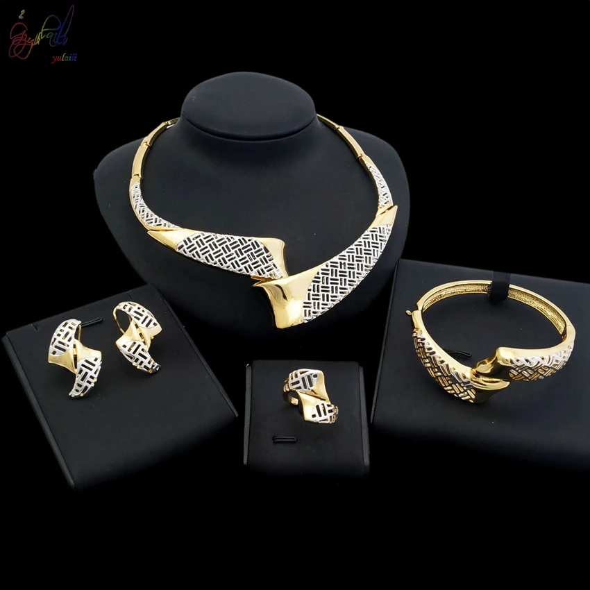 

Yulaili Party Gold Jewerly Set Beige Enamel Beautiful Necklace Earrings Jewelry Set For Women.