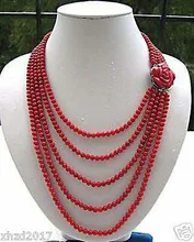 Великолепная очарование 5 ряда(ов) 6- 7 мм красный коралл ожерелье цветок застежка ювелирные кристалл женщины