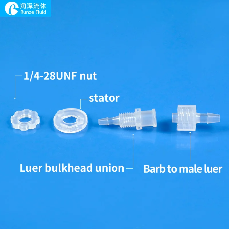 RUNZE Female Luer Bulkhead,1/4-28 UNF Thread,to 1/16 1/8 1/4 Hose Barb PP,100/pk Female Luer 1/4-28UNF to Barb 1/8 with Nut 