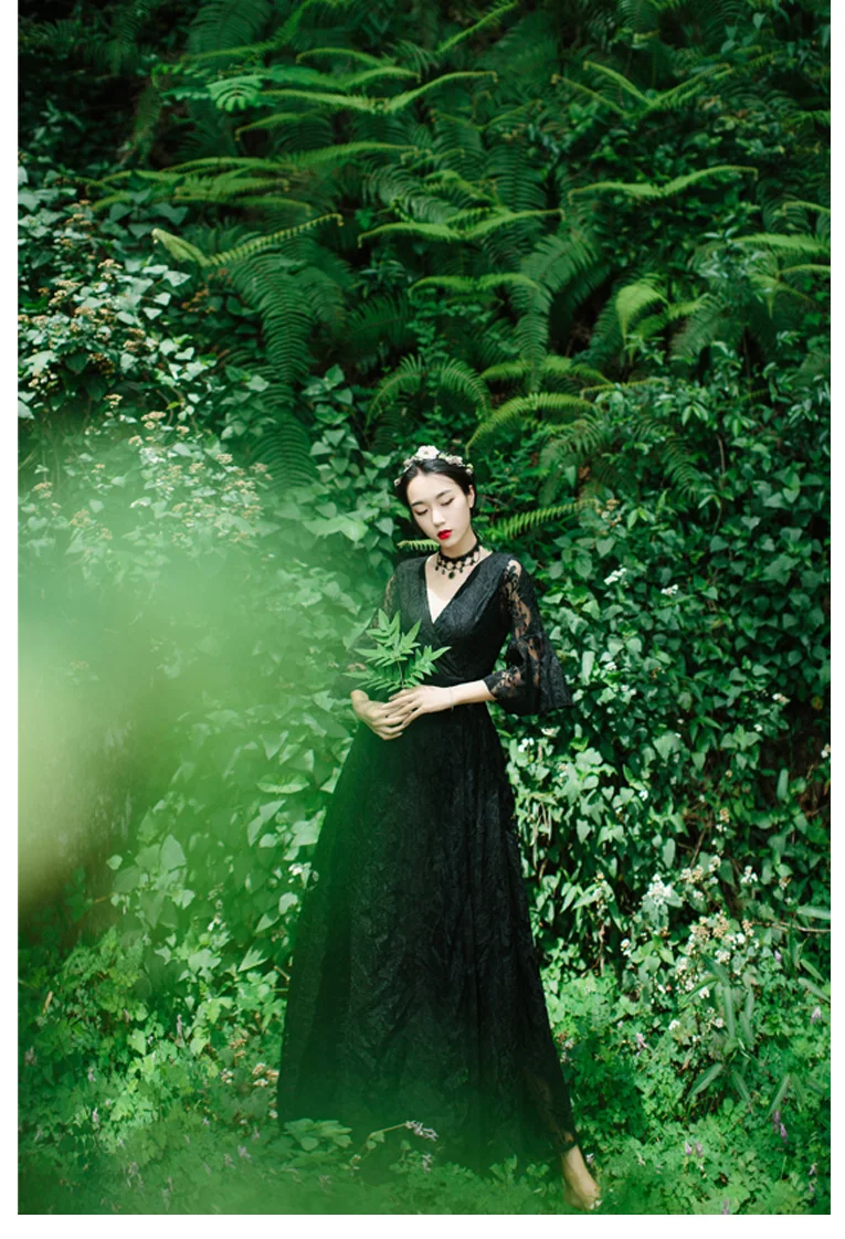 YOSIMI летнее платье Макси винтажное кружевное длинное сказочное женское платье для путешествий вечернее платье с v-образным вырезом до щиколотки черные платья