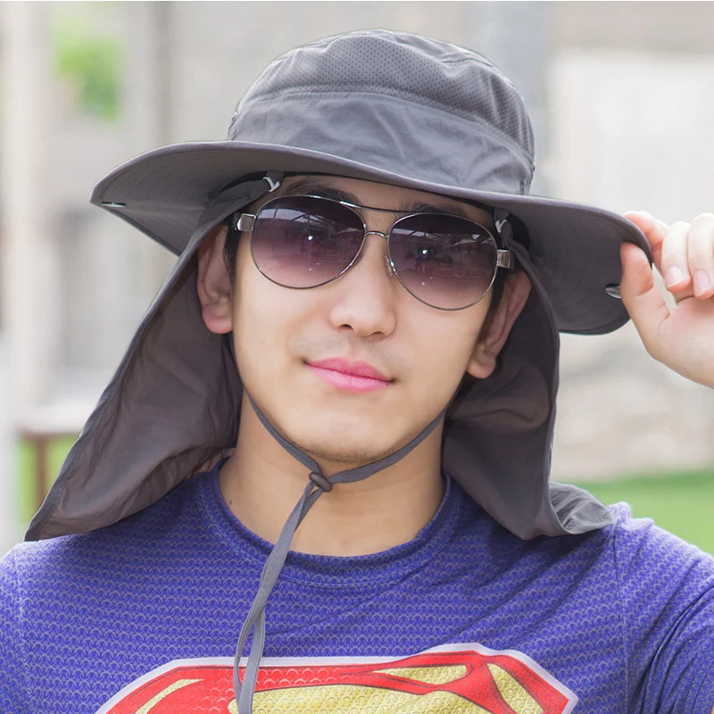 Men Women Outdoor Sun Hat Wide Brim UPF 50+ Summer Mesh Cap Removable Neck&Face Flap Cover Outdoor Caps Sun Protect Male Hats (6)
