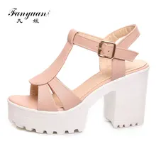 Fanyuan Women Sandals Summer Shoes Elegant T-Strap Thick High Heels Platform Sandals Open Toe Party Dress Shoes Woman Sandals цена Fanyuan Women Sandals Summer Shoes Elegant T-Strap Thick High Heels Platform Sandals Open Toe Party Dress Shoes Woman Sandals цены онлайн