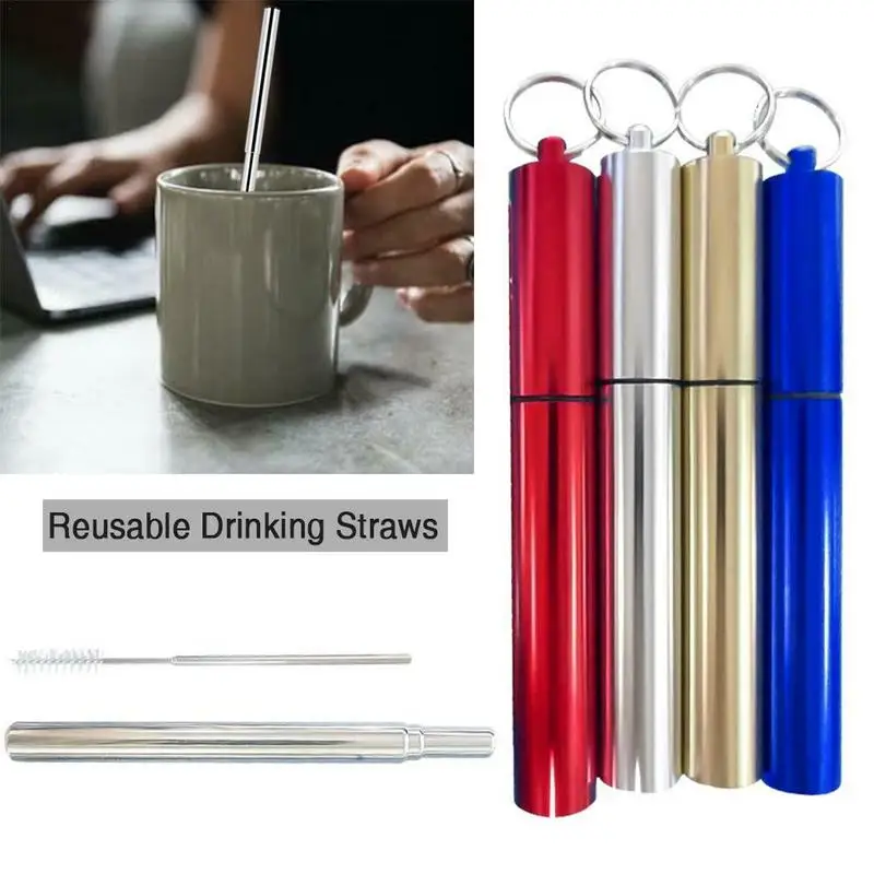 

Travel Outdoor Household Telescopic Metal Straw with Brush Foldable Drinking Straw Collapsible Reusable Straw with Key Ring