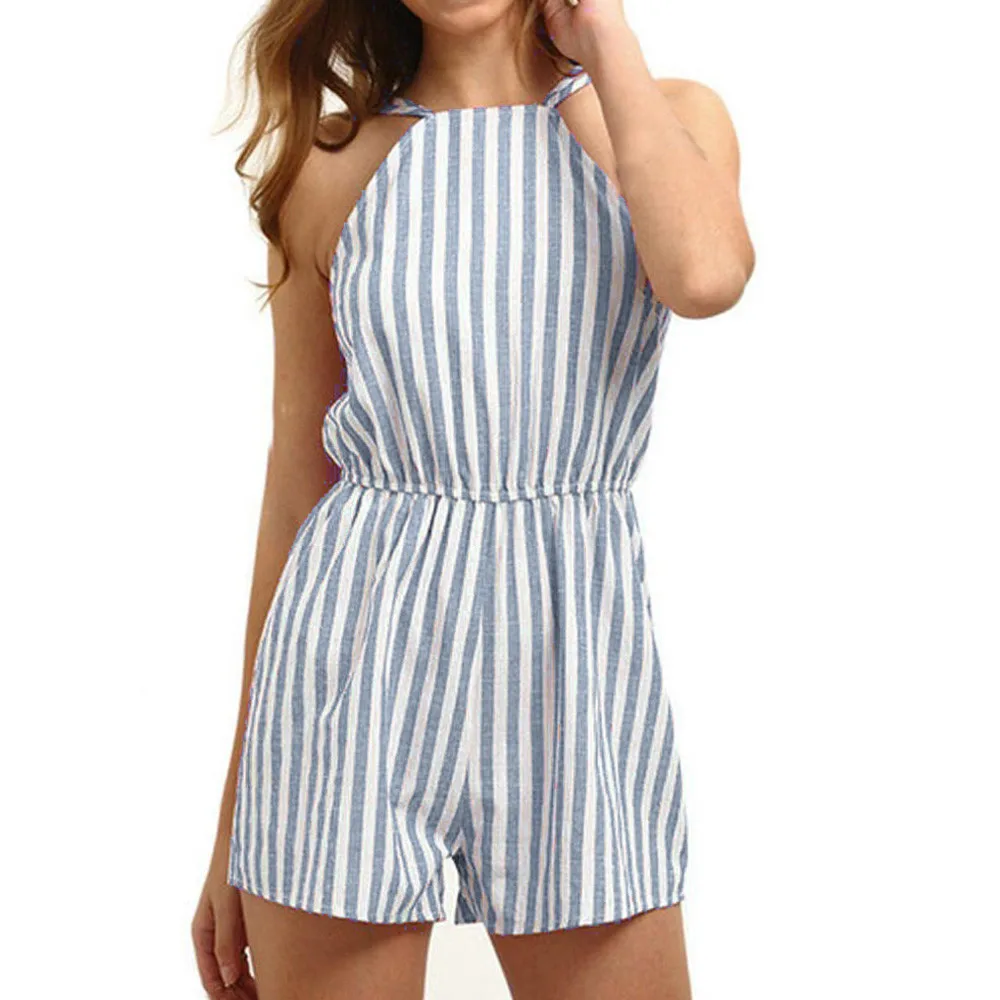 

Playsuit Women Summer Holiday Sleeveless Strap Striped High Waisted Summer Beach Jumpsuit Rompers Women Top