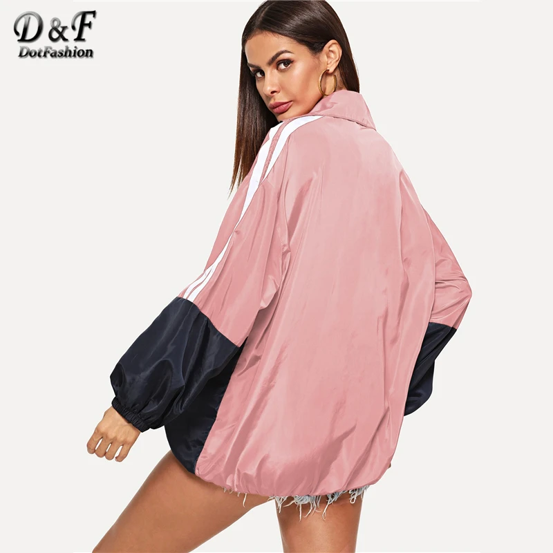 low cost Dotfashion Striped Letter Zip Up Color-Block Windbreaker Jacket Women 2019 Casual Streetwear Coat S