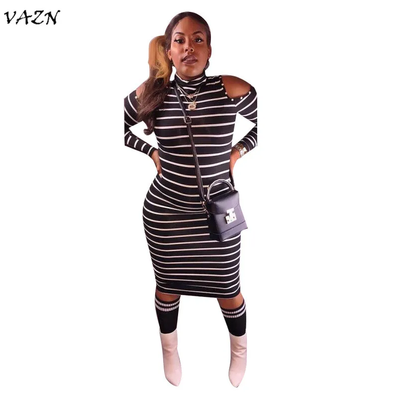 VAZN 2018 новые модные пикантные полосатый тощий платье женские пикантные с открытыми плечами платье с широкими рукавами Дамы Стенд шеи