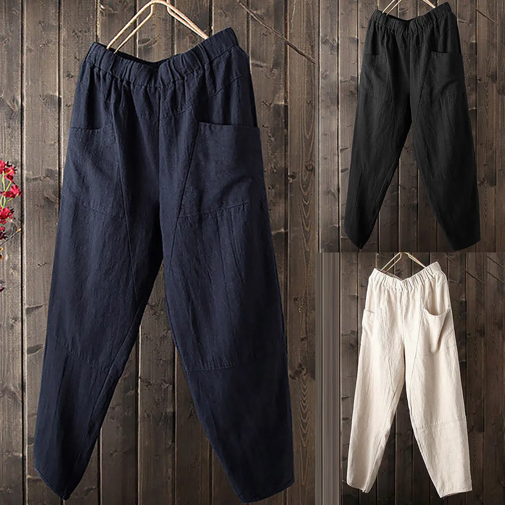 

Autumn Summwe Clothing New Large Size Women's Cotton and Hemp Pure Color High Waist Wide Leg Pants Cotton Linen Trousers Loose