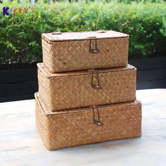 Natural handmade straw braid flip desktop storage box ...