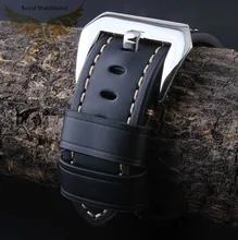Free Shipping 24mm New High Quality Black Genuine Leather Watch Band Strap Polished Deployment Stainless Steel