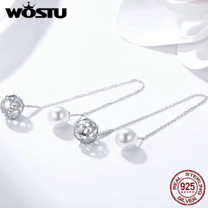 

WOSTU Pure 925 Sterling Silver Openwork Star Round Ball Dangle Pearl Long Drop Earrings Fine Jewelry for Lady S925 Gift BKE241