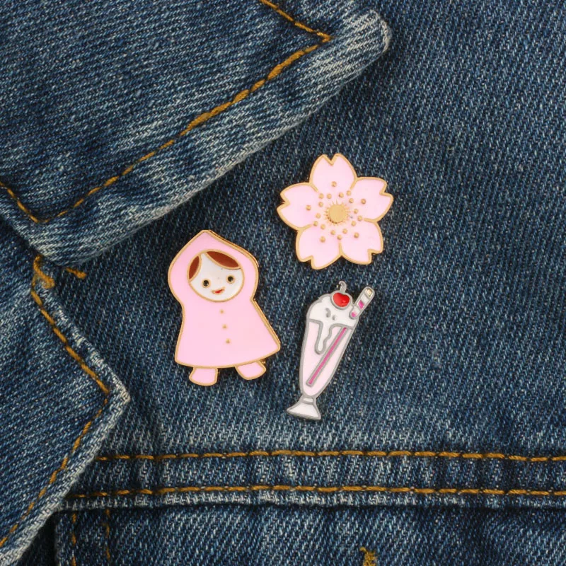 1 PCS Cartoon Badges for Backpack Metal Beverages Petals Cute Girl
