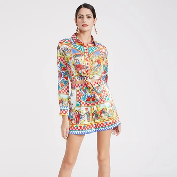 

High quality 2020 spring/summer fashion shirt Two Pieces Set Womens Short tops and blouses+pattern retro Shorts pants casual set