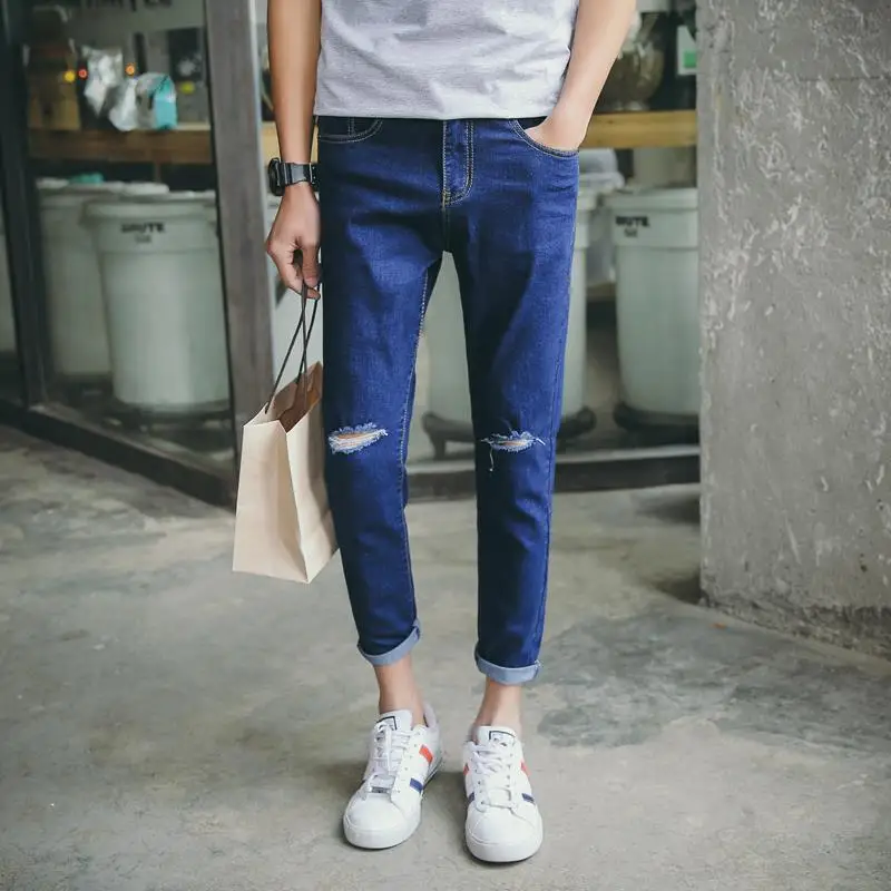 

2019 Men slim fit jeans pants hot sale holes button skinny biker jeans blue Denim Trousers with Pleated Nine points trousers