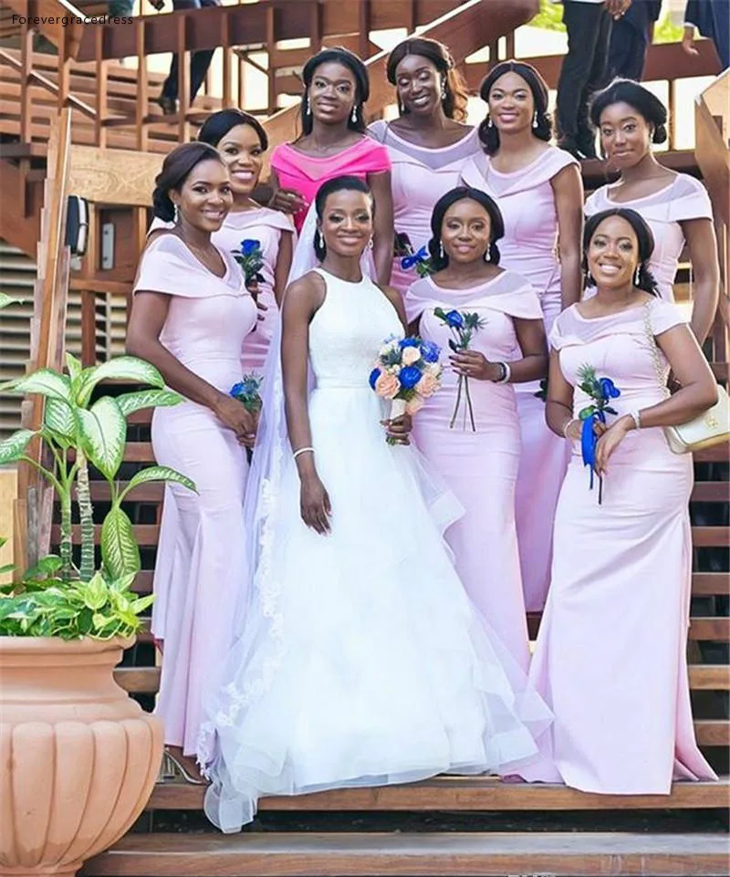 ASO EBI South African Pink Mermaid Bridesmaids Dresses Elegant Sheer Scoop Neck Cap Sleeve Pleats Long Wedding Guest Evening Pro Wears  95 (3)