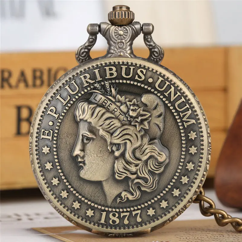 Quartz Pocket Watch Thick Chain Retro Dial Bronze Pendant Watches United States of America Dollar One~ Silver Fine 1 oz. Reloj