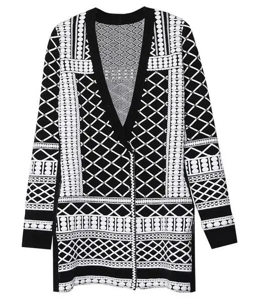 Высокое Качество Осень Зима Новая мода дизайнерский свитер кардиган женский v-образный вырез Роскошный вышитый бисером вязаный жакет верхняя одежда - Цвет: Черный