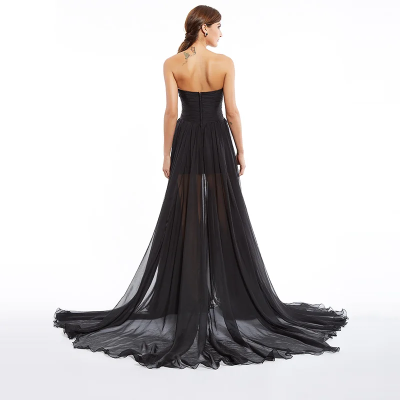 Tanpell вечернее платье с разрезом спереди, сексуальное черное платье без бретелек, длина до пола, шлейф Ватто, с рюшами, шифоновые вечерние платья, длинное вечернее платье