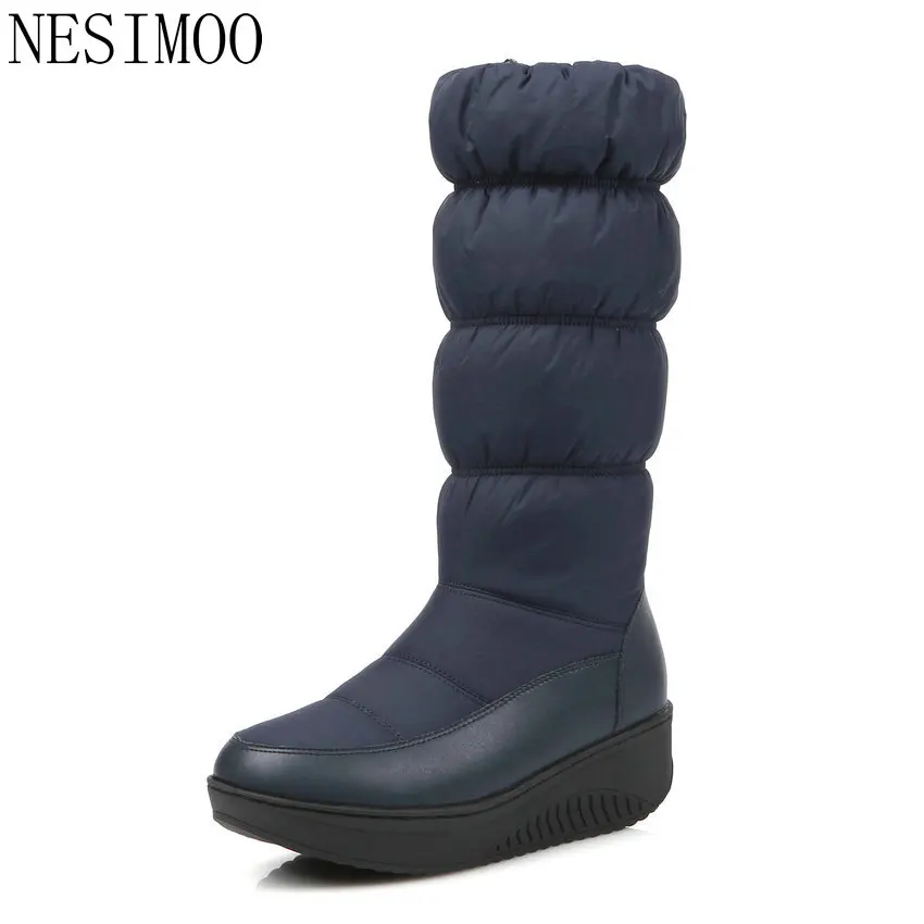 

NESIMOO Size 35-43 2018 Winter Ladies Shoes Round Toe PU leather Boots Square Low Heel Woman Shoes Snow Boots Black White
