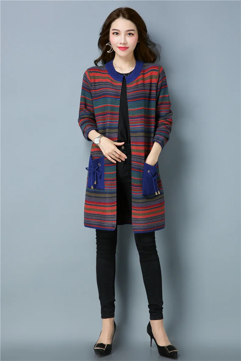 XJXKS свитер с круглым вырезом Caridgans, пальто на шнуровке, карманы с красочными полосками, вязаные осенние женские свитера, пальто