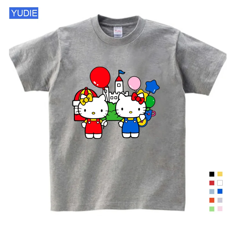 Летняя Новинка; милая Повседневная Свободная футболка в стиле панк с принтом «hello kitty»; большие размеры; топы для мальчиков и девочек - Цвет: T-shirt1