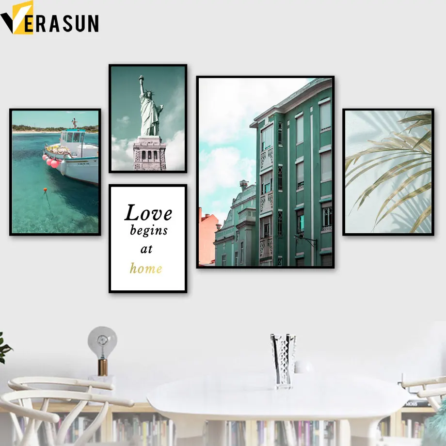 

Sea Leaf Ship Statue of Liberty Building Wall Art Canvas Painting Nordic Posters And Prints Wall Pictures For Living Room Decor