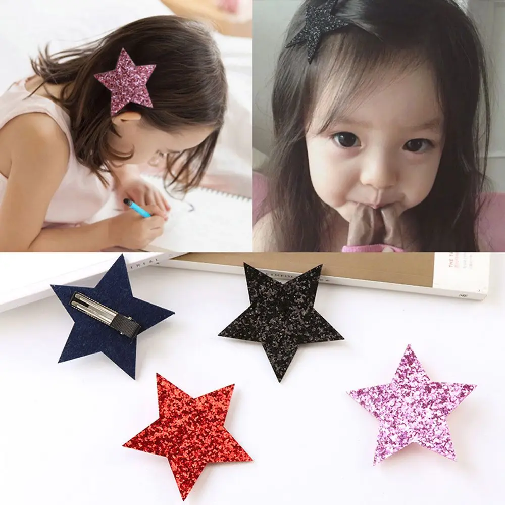 Fashion Shiny Sythetic Leather Star Barrette For Kid Girls Bling Leather Children Hair Clips Toddlers Hairpins Hair Accessories