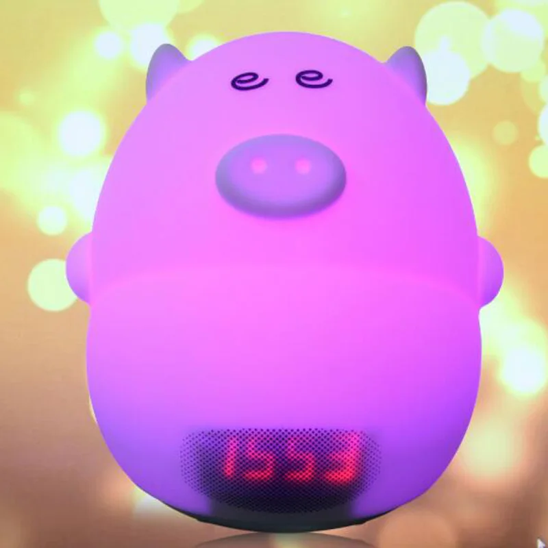 Children LED Night Light Cartoon Pig Alarm Clock USB Charger Time