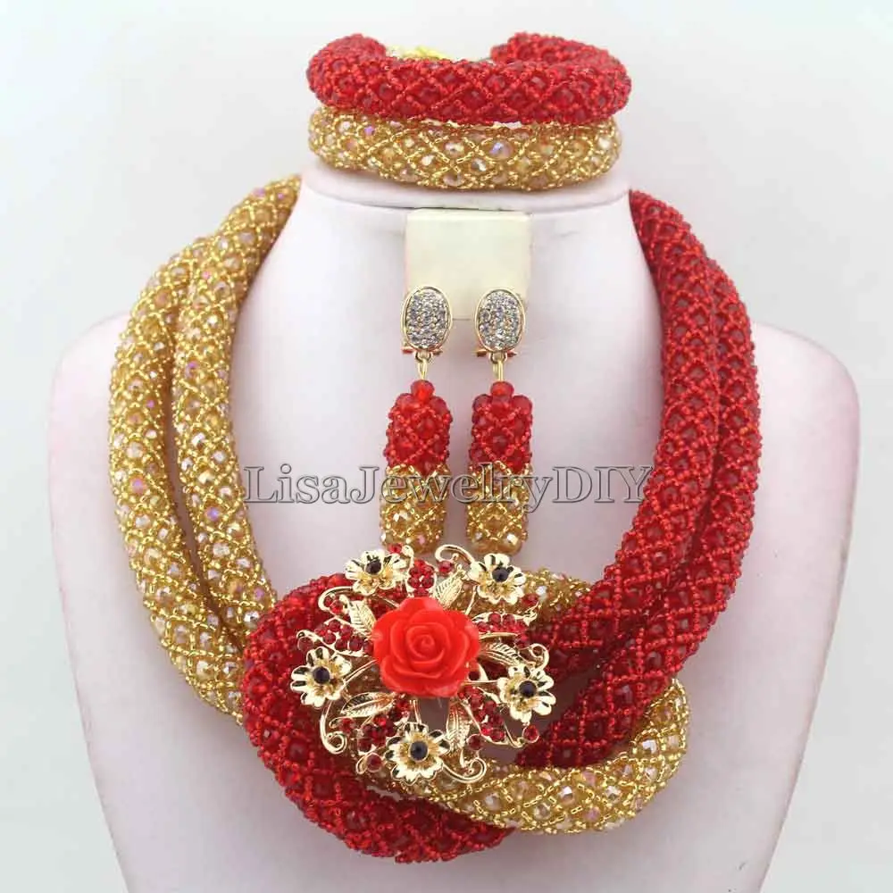 Luxury Red African Beads Wedding Necklace Set Chunky Nigerian Jewelrys earrings New Free Shipping HD7542 | Украшения и аксессуары