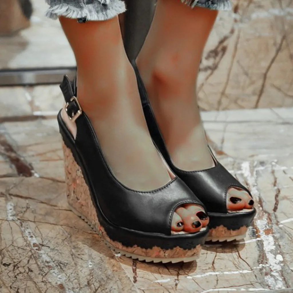 Летние туфли; женские туфли на танкетке с открытым носком; zapatos mujer; коллекция года; сандалии с ремешками на пряжках; женская обувь; chaussures femme