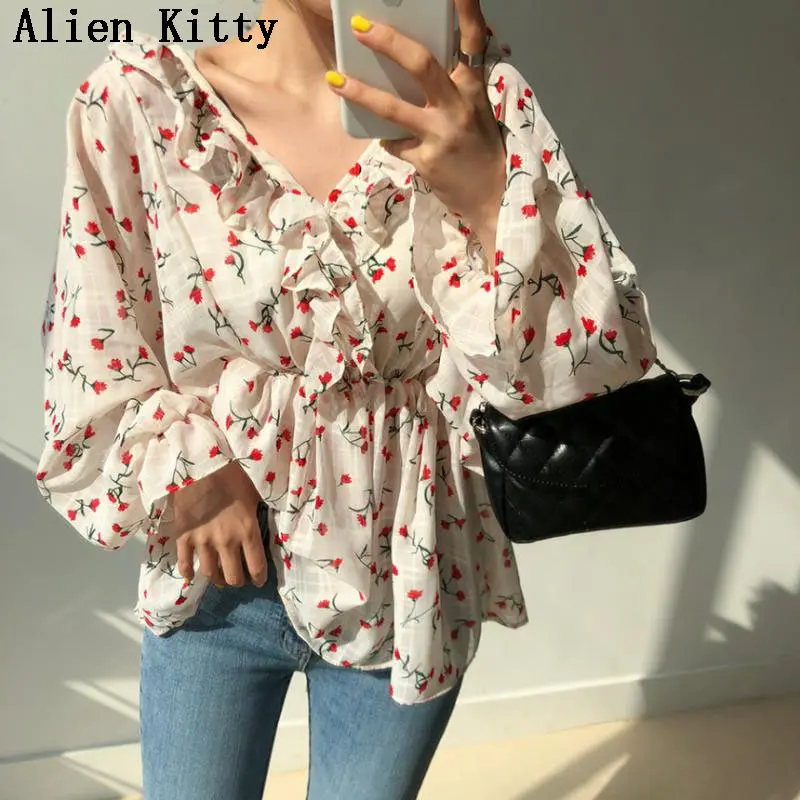 

Alien Kitty New Women Simple Waist-Controlled Print Floral V-Neck Fresh Casual Ruffles Free Long Sleeves Chiffon Shirts 2 Colors