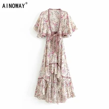 Винтажное шикарное женское платье с цветочным принтом, с коротким рукавом, из вискозы, богемное платье для девушек, с v-образным вырезом, с кисточками, летнее плиссированное платье макси, vestidos