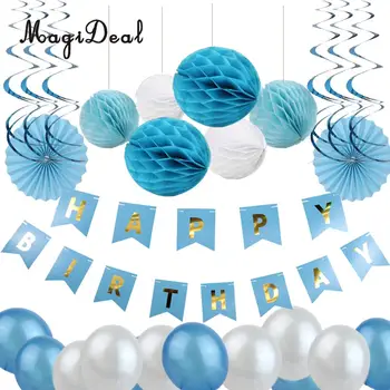

MagiDeal 45pcs Happy Birthday Banner Set Paper Fan Honeycomb Ball Latex Balloon Foil Swirls Spirals Hanging Decor