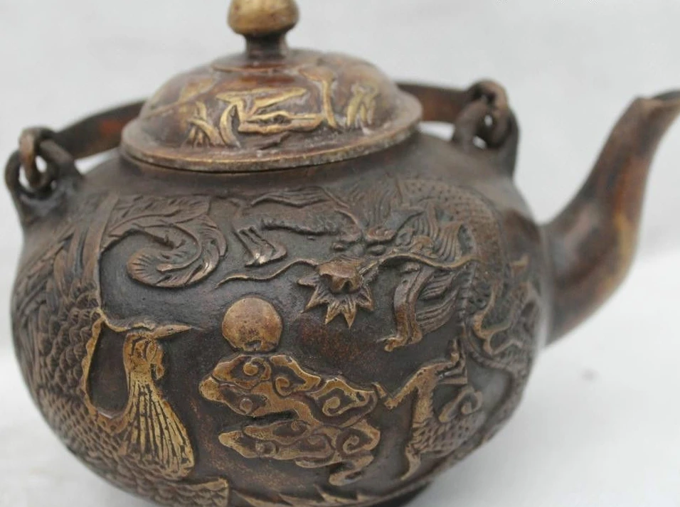 

4"China Chinese Folk Bronze Lucky Dragon phoenix kettle water jug Statue