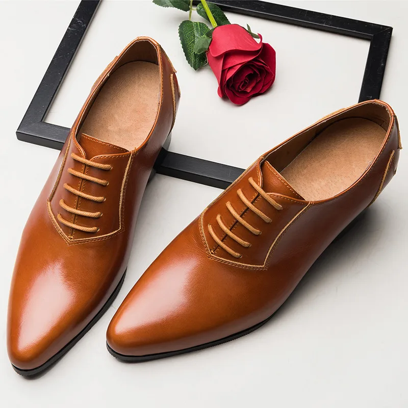 British Style Men Lace Up Dress Shoes Lace Up Pointed Toe Thick Heel Shoes Man Trendy Wedding Heels 5 cm US 37-44