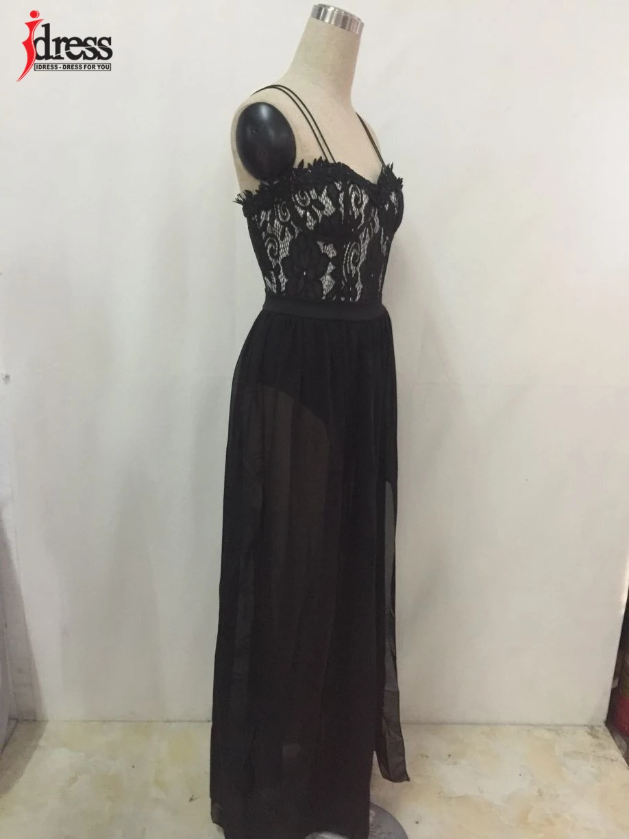 IDress 2017 Spaghetti Strap Black Lace Dress Women Party Elegant Floral Lace Chiffon Dress Floor Length Split Women Long Dress (2)