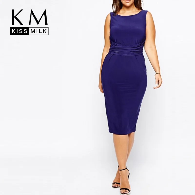 

Kissmilk Plus Size 2018 Women Sleeveless Knee-Length Dress Female Large Size O-Neck Blue Tank Dress Over Size Sashes Sexy Dress