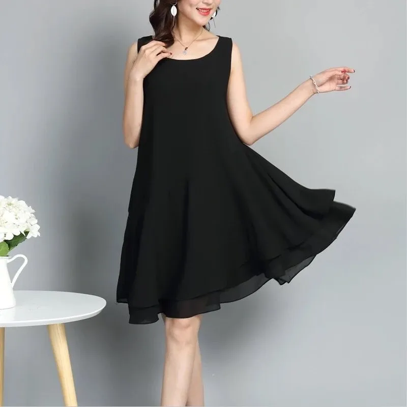 

2019 Women New Summer Fashion Sleeveless Tank Chiffon Dress Solid O Neck Knee-Length Dress Office Ladies Plus Size M-7XL Vestido