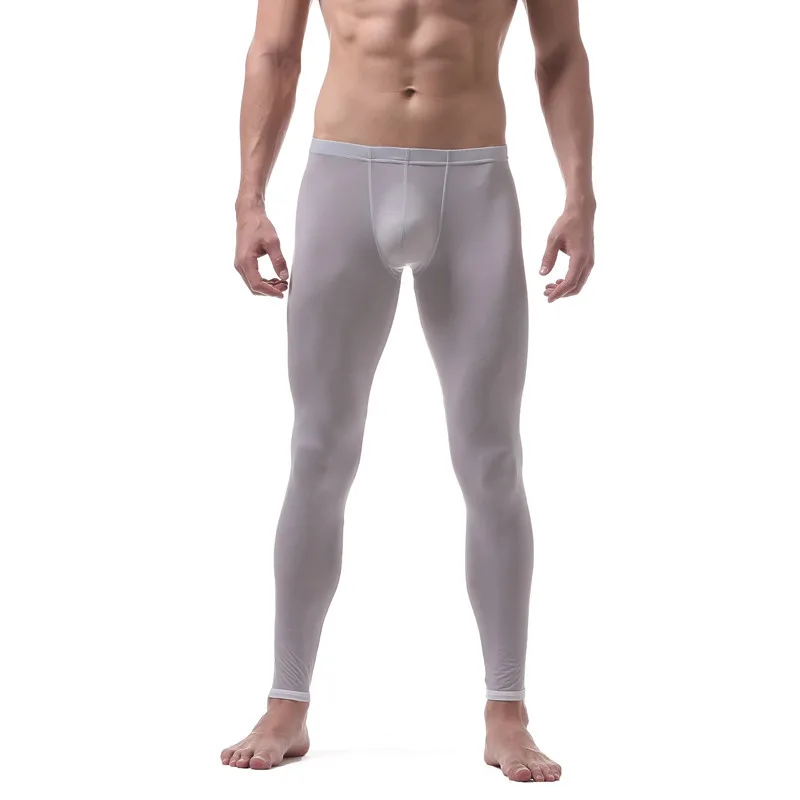 

Men's Ultra-thin High Elasticity Leggings Slim Silk Pants Semitransparent Home Furnishing Long Johns U Pouch Bag Sexy