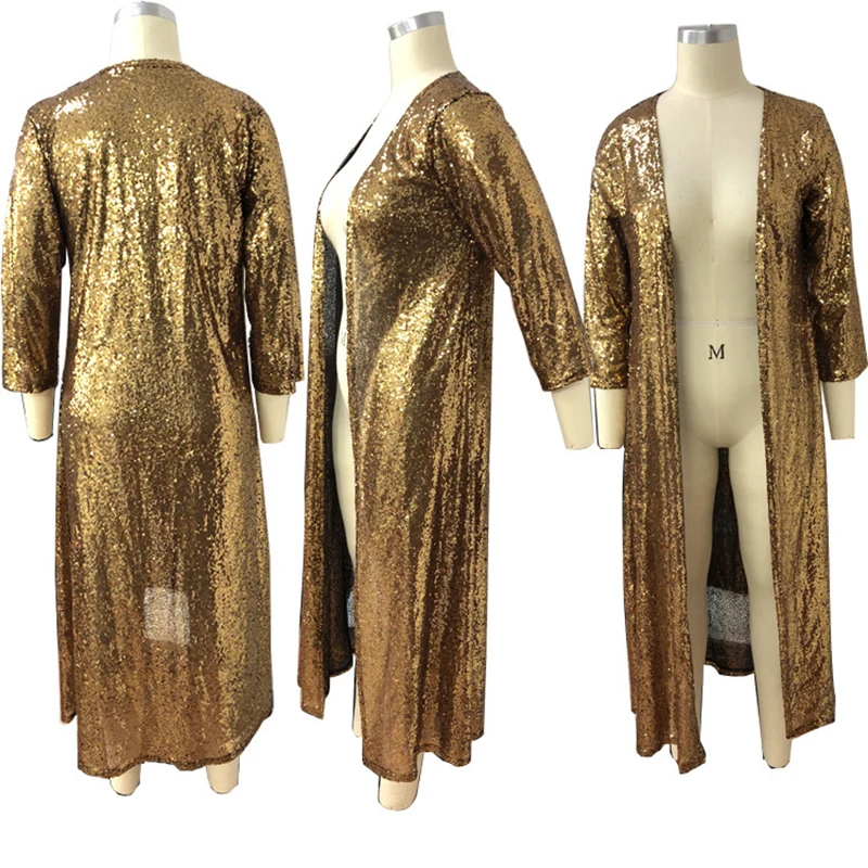 Женская блестящая золотая расшитая блестками куртка, сексуальное длинное пальто с открытой передней частью, весенне-осеннее повседневное блестящее кимоно, вечерние Клубные Топы для женщин SJ792V