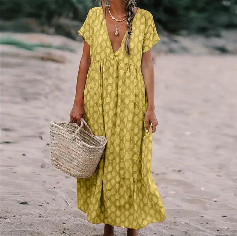 

JAYCOSIN 2019 Women Summer Dress Lady Print Short Sleeve V-Neck Ankle-Length Long Dress Loose Casual Dress Sundress jun5#4