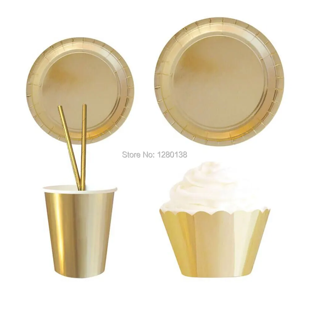 

Foil Gold&Rose Gold Party Supplies Disposable Paper Dinner Plates Beverage Cups Drinking Straws Cupcake Wrapper Tableware Kit